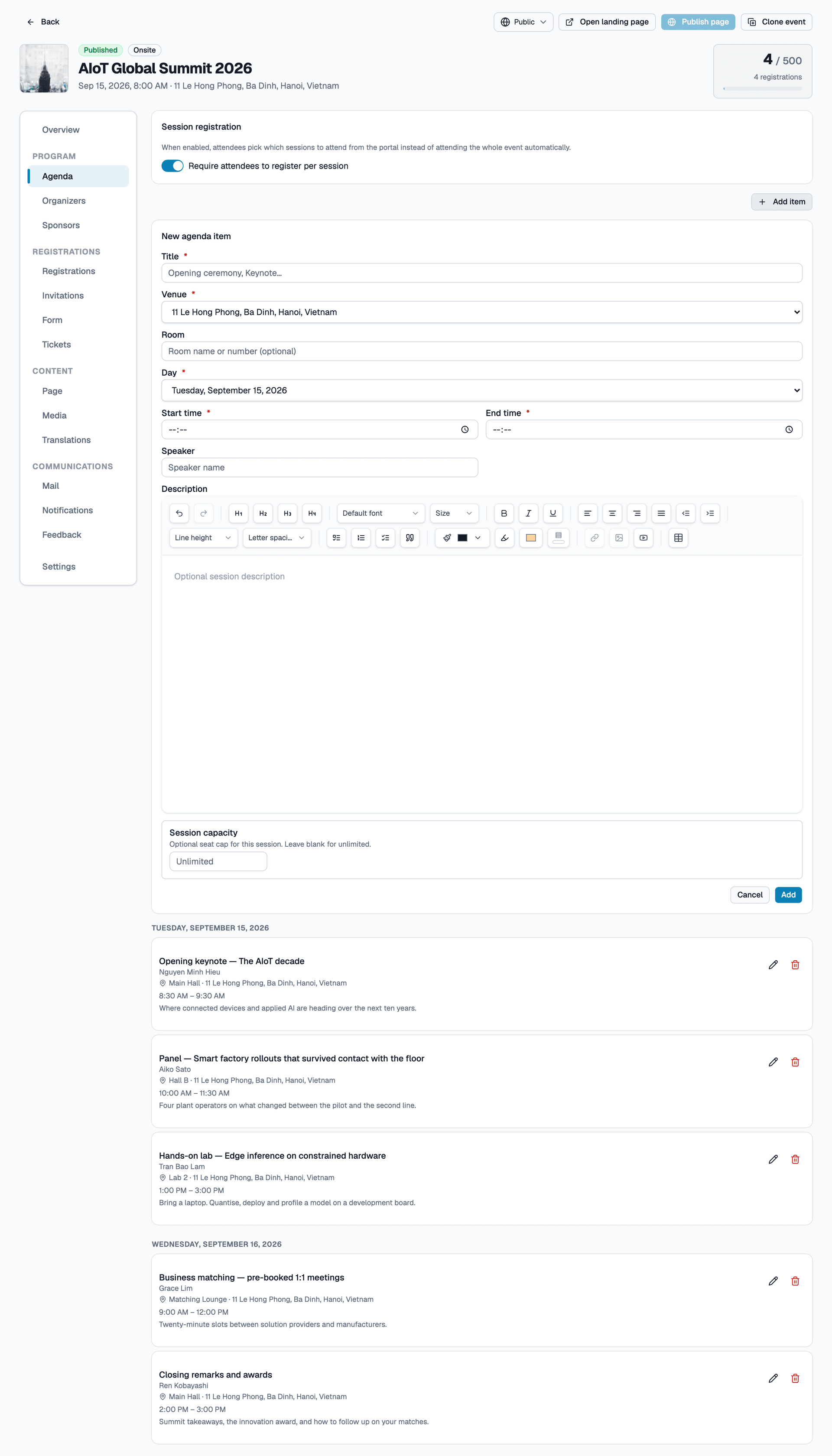 Add new agenda item form