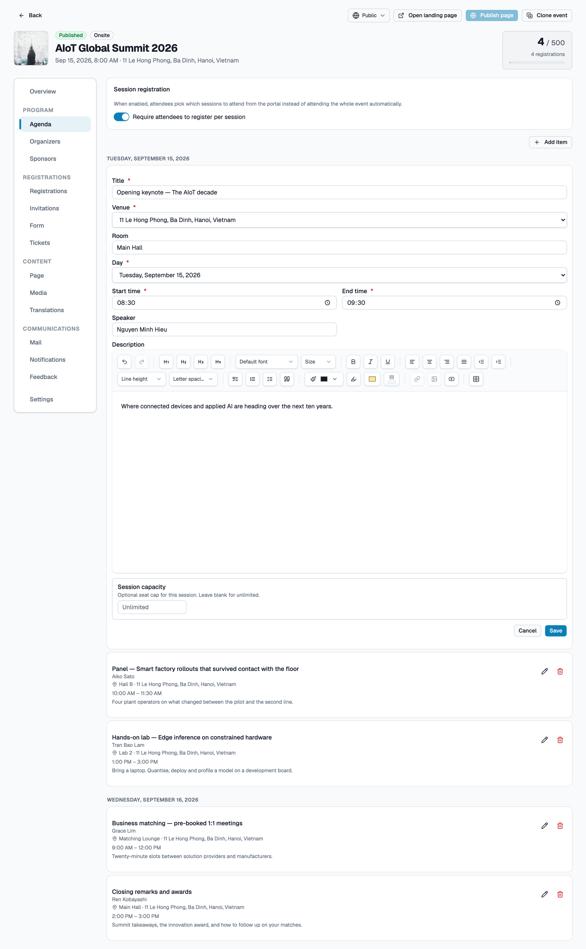 Edit agenda item form