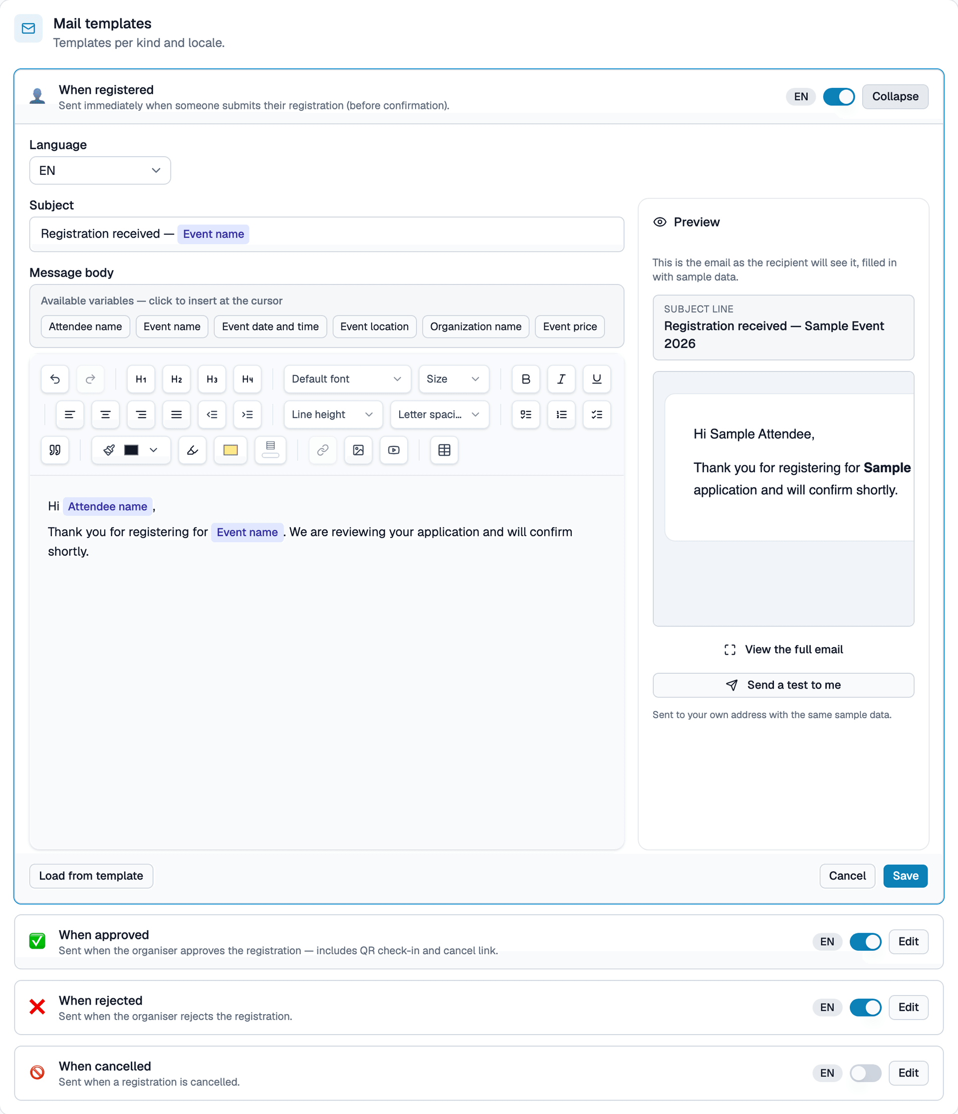 Email template editor screen