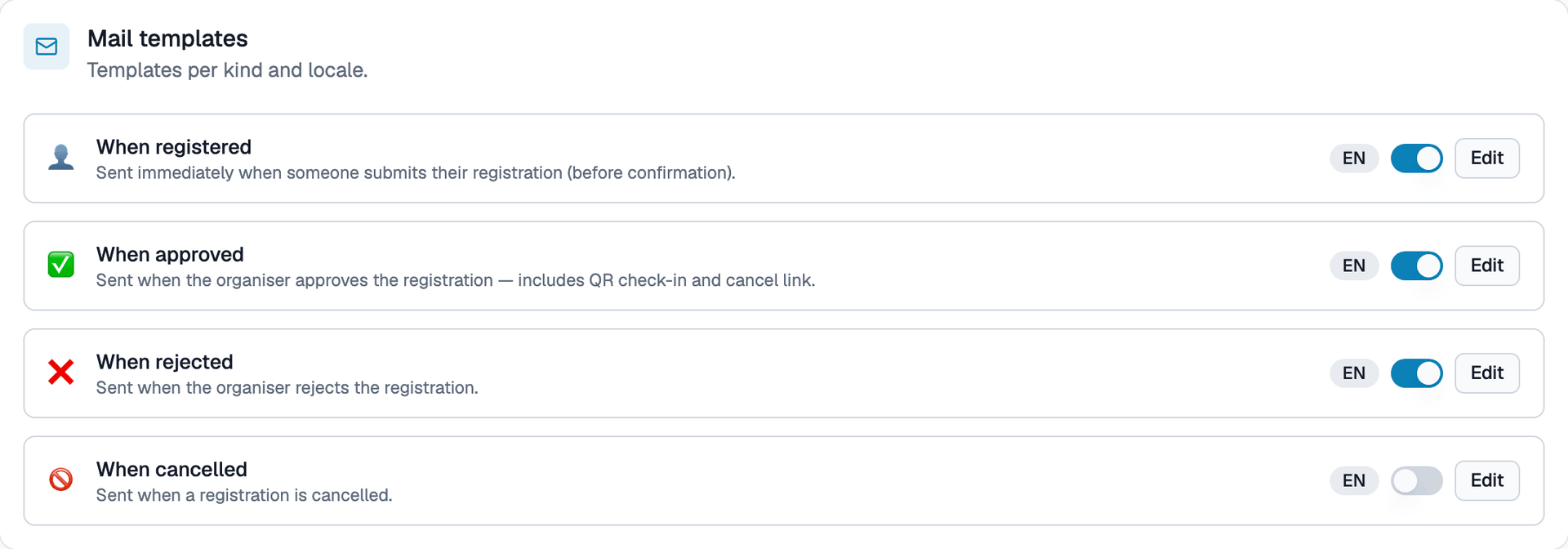 Mail templates list & toggle switches screen