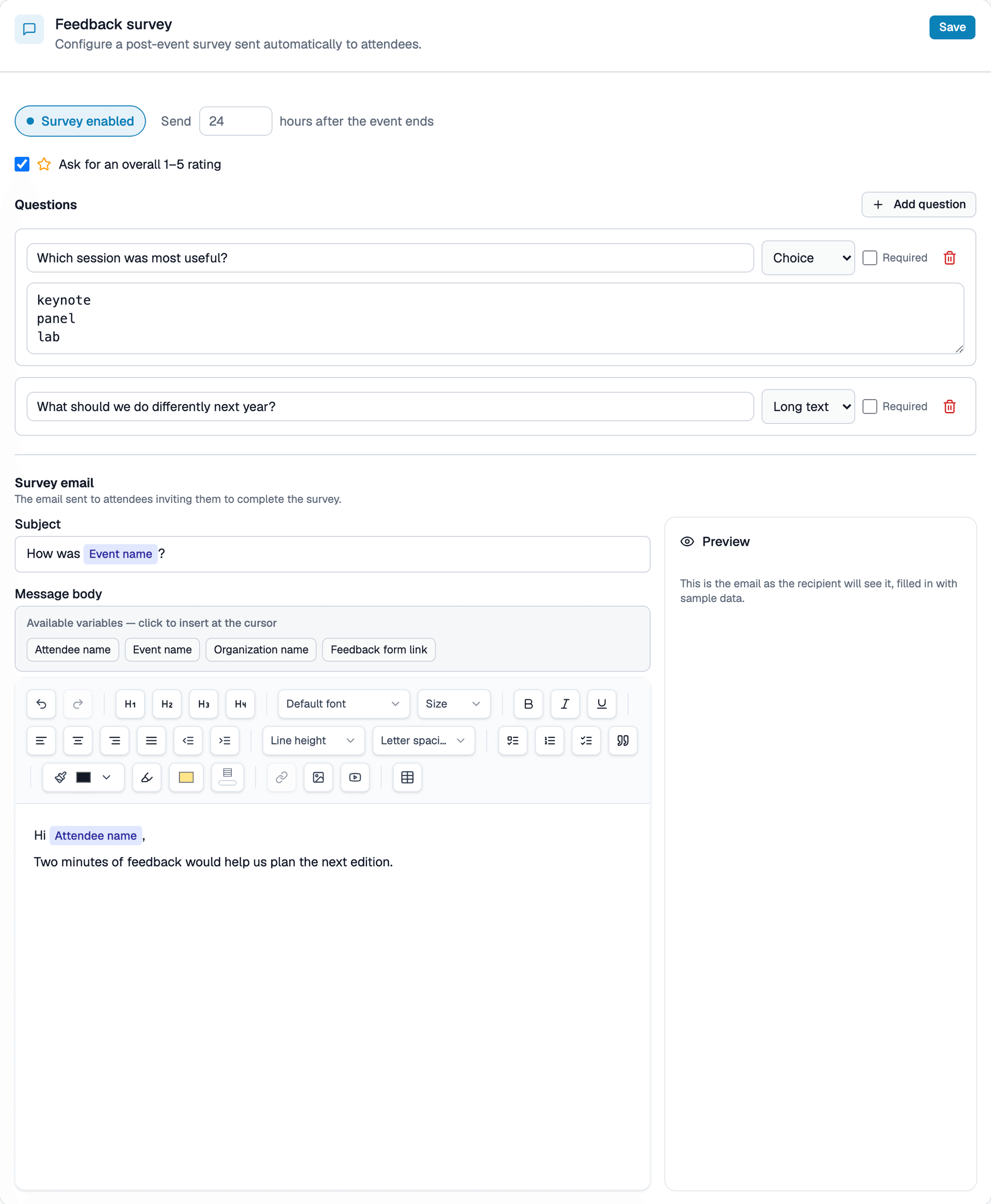 Surveys & feedback management interface
