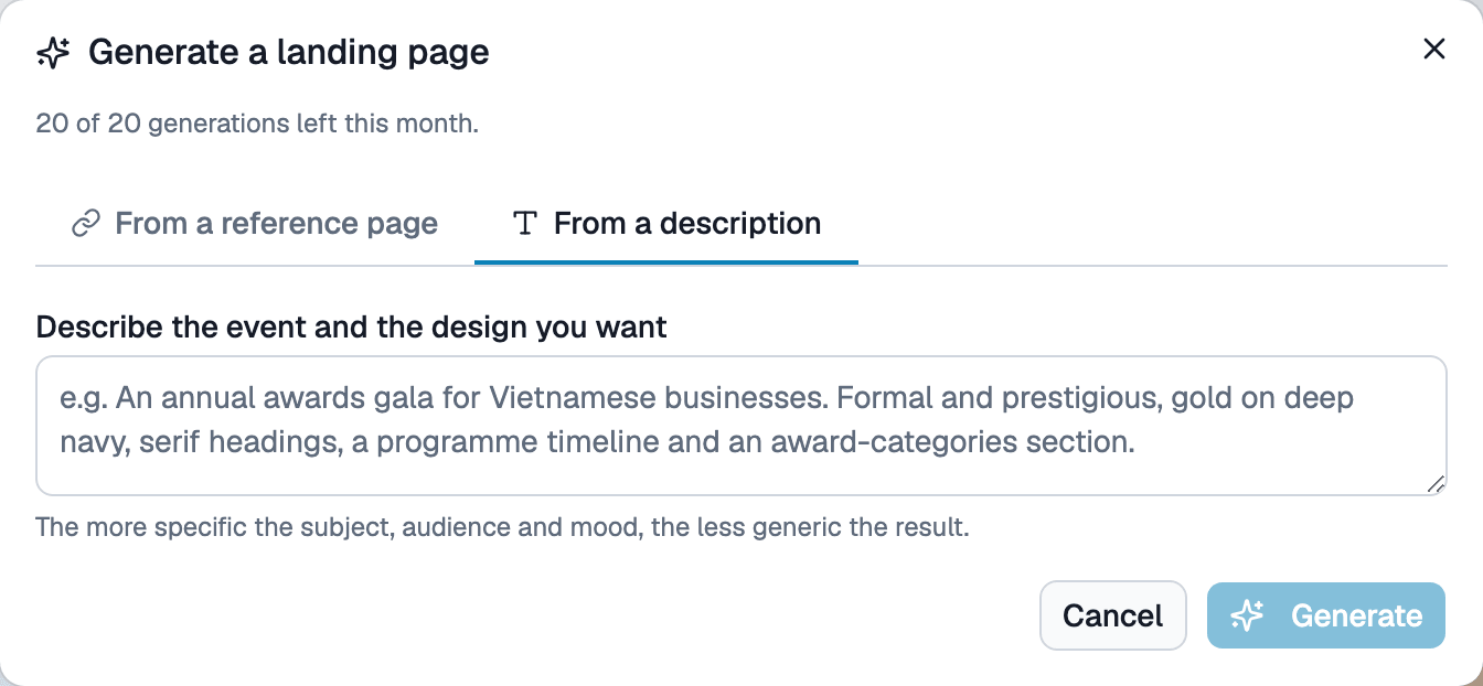 AI landing page generator dialog - From prompt description tab