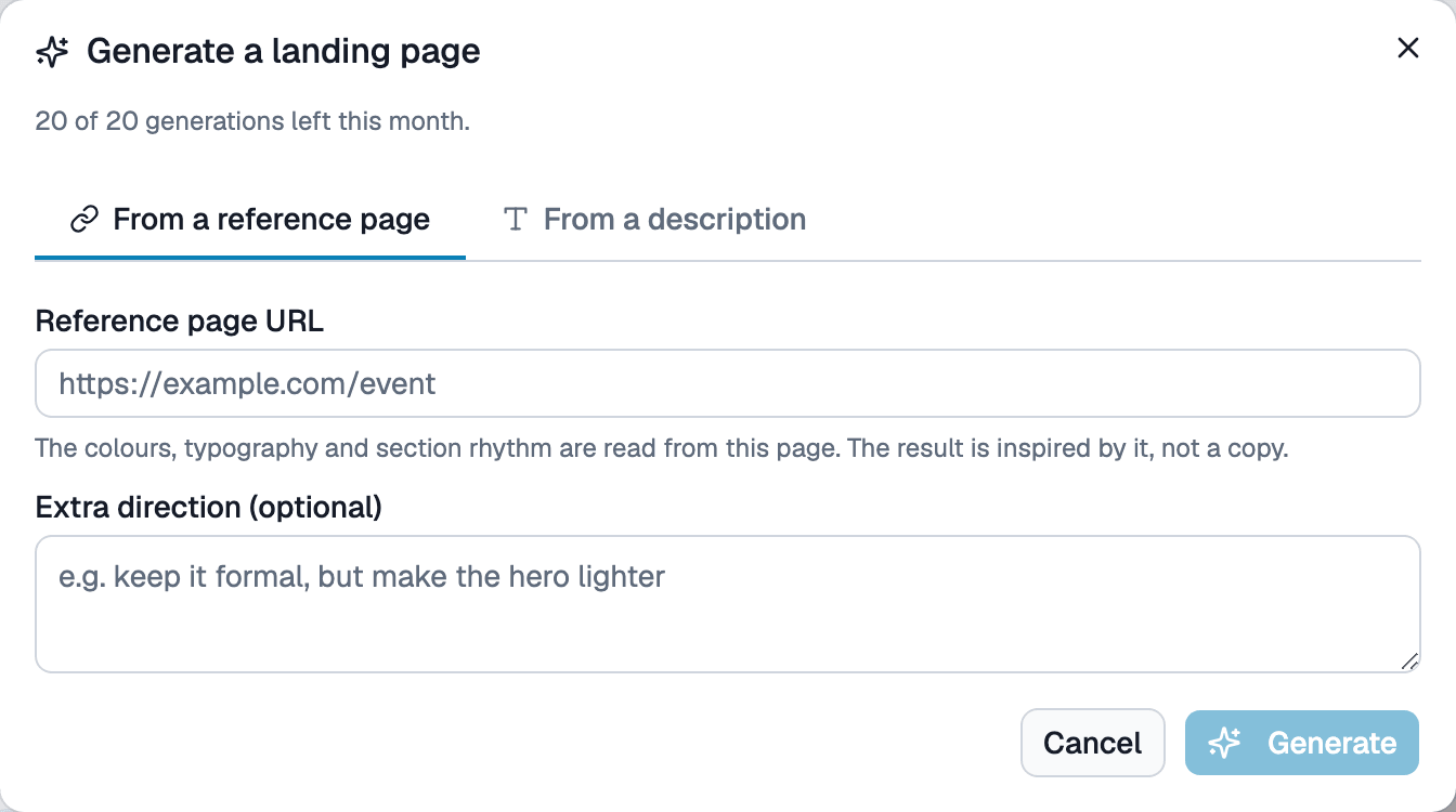 AI landing page generator dialog - From reference URL tab