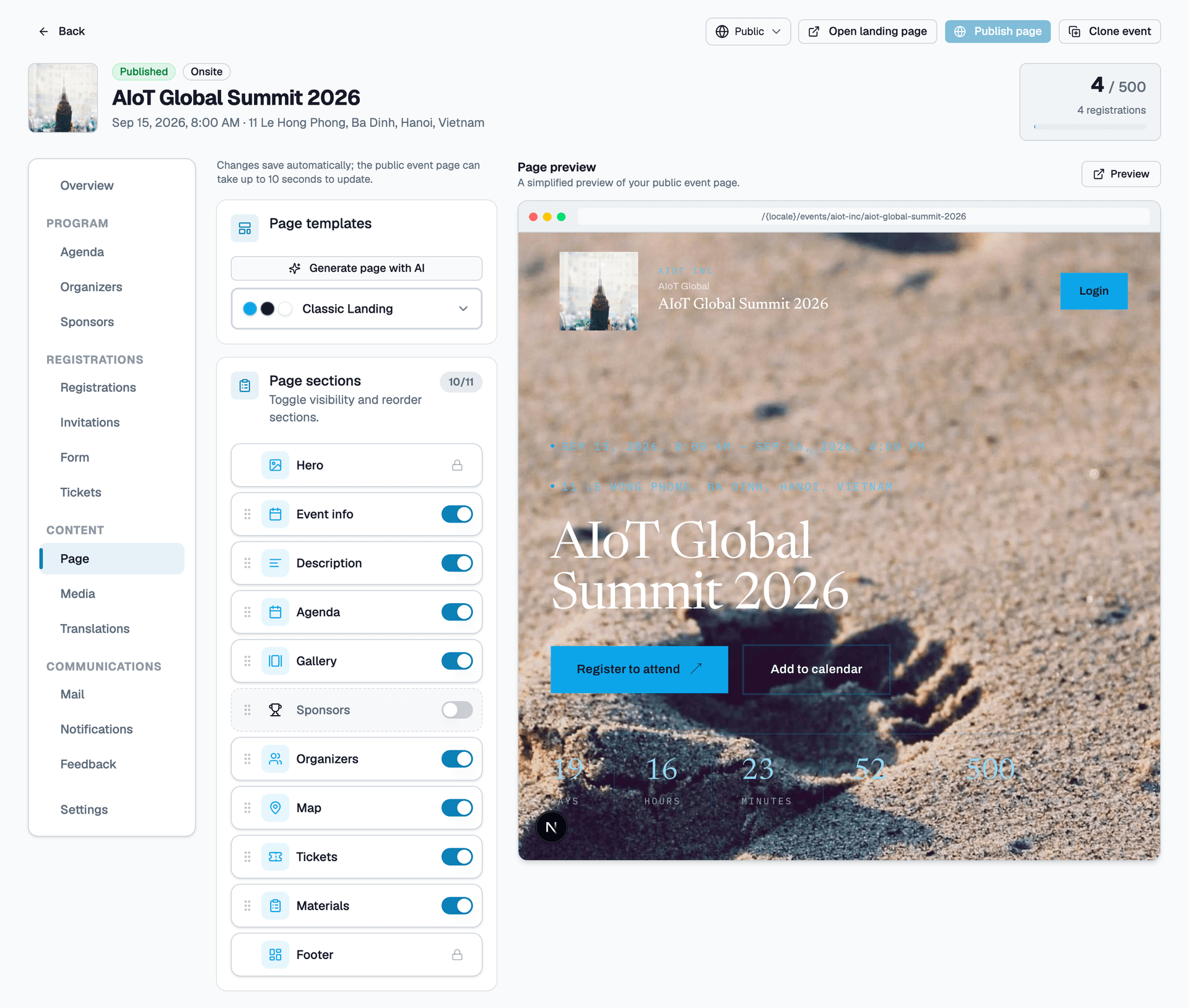 Public event page customization interface and preview pane
