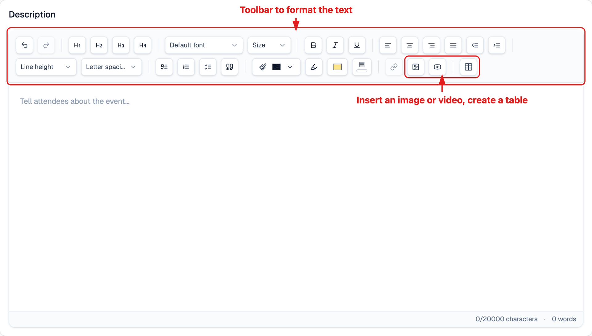 Rich text editor for the event description
