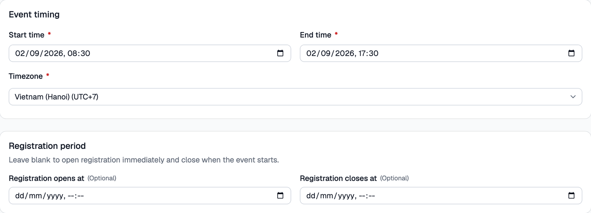 Event schedule and registration window setup