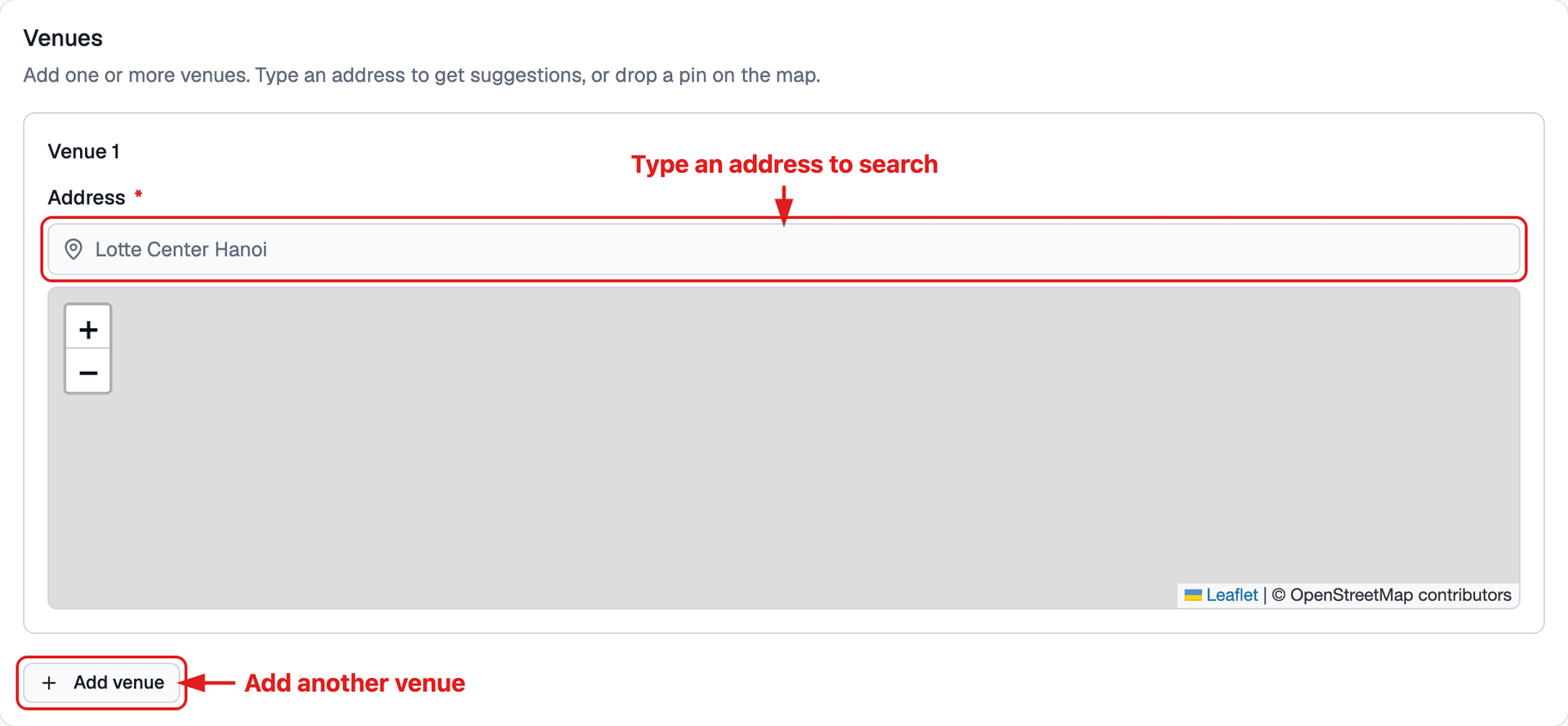 Venue field with the address search and the add-venue control