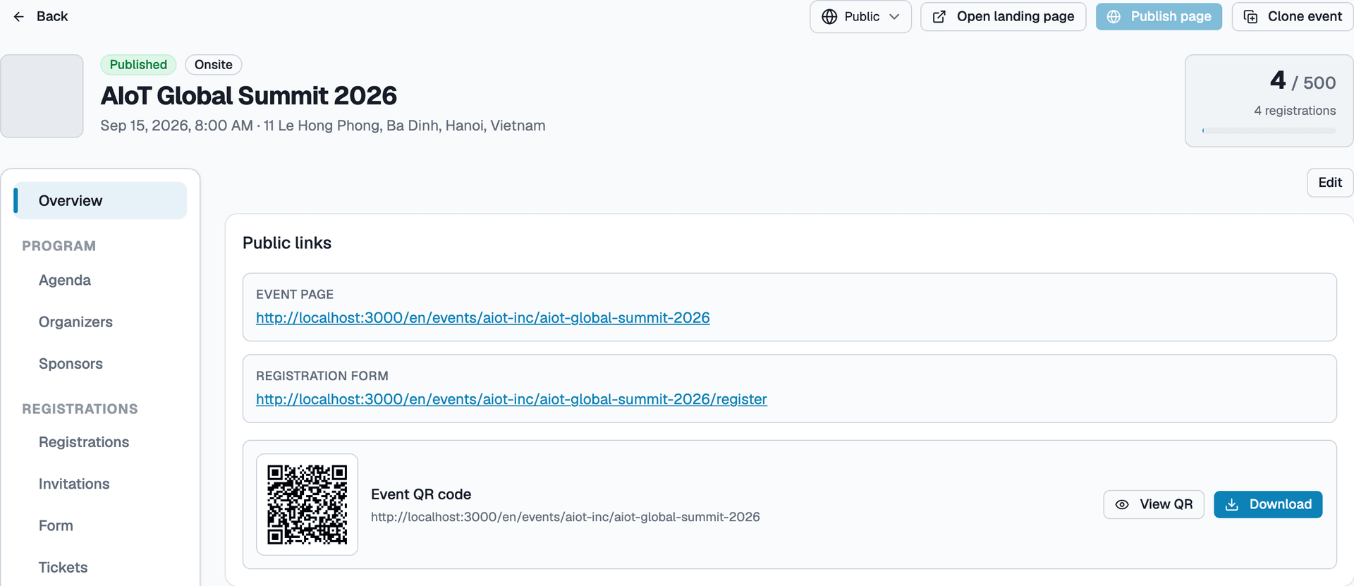 Event overview management interface