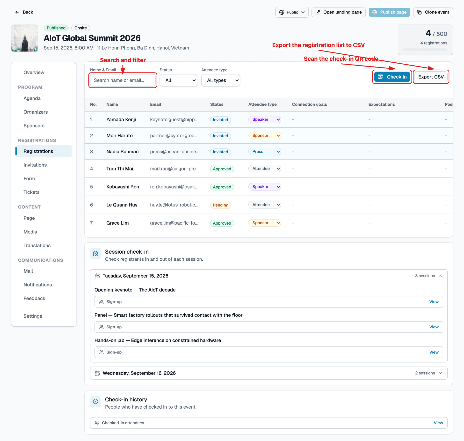 Attendees management & filters screen