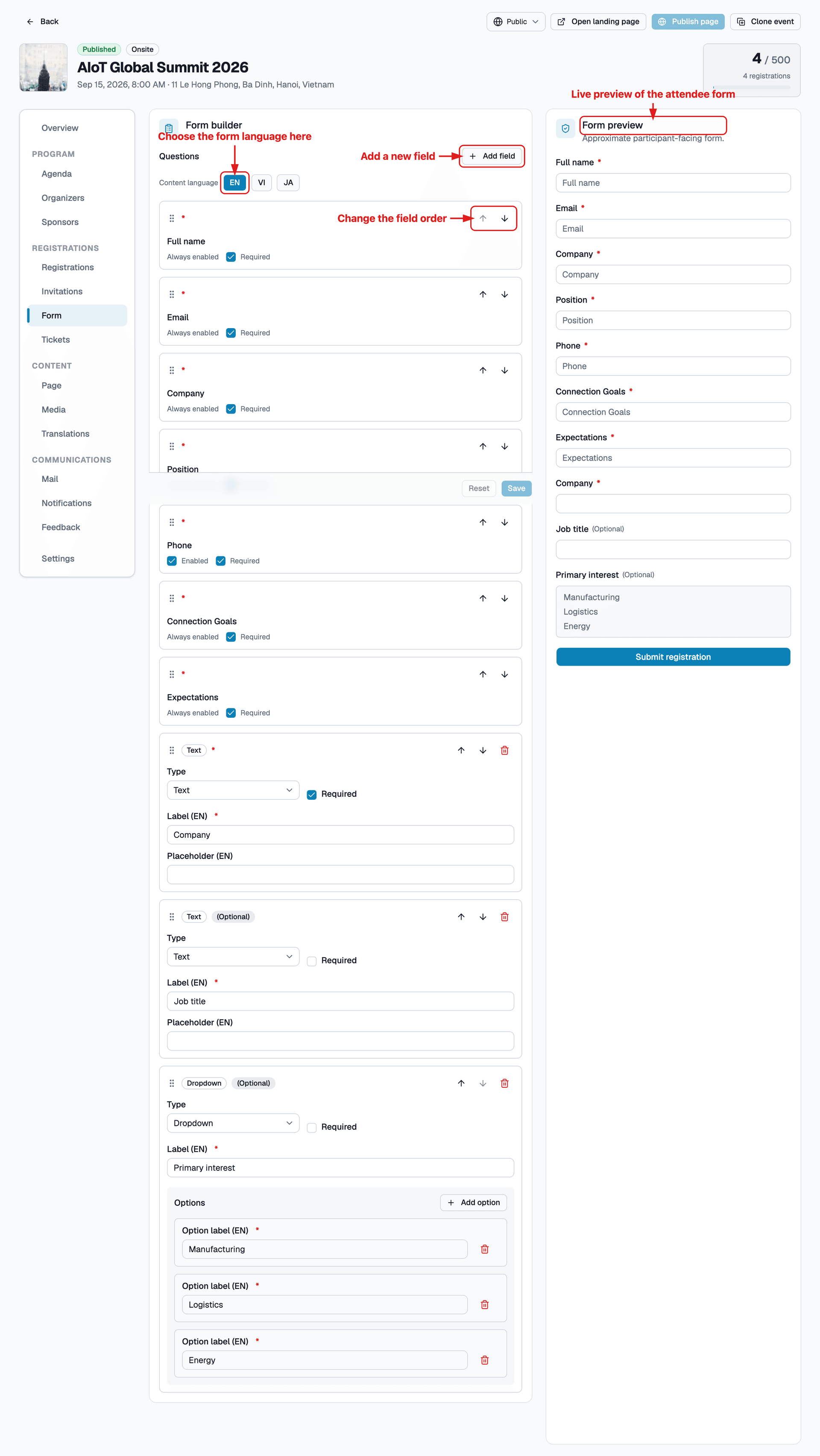 Form builder layout and registration form preview pane