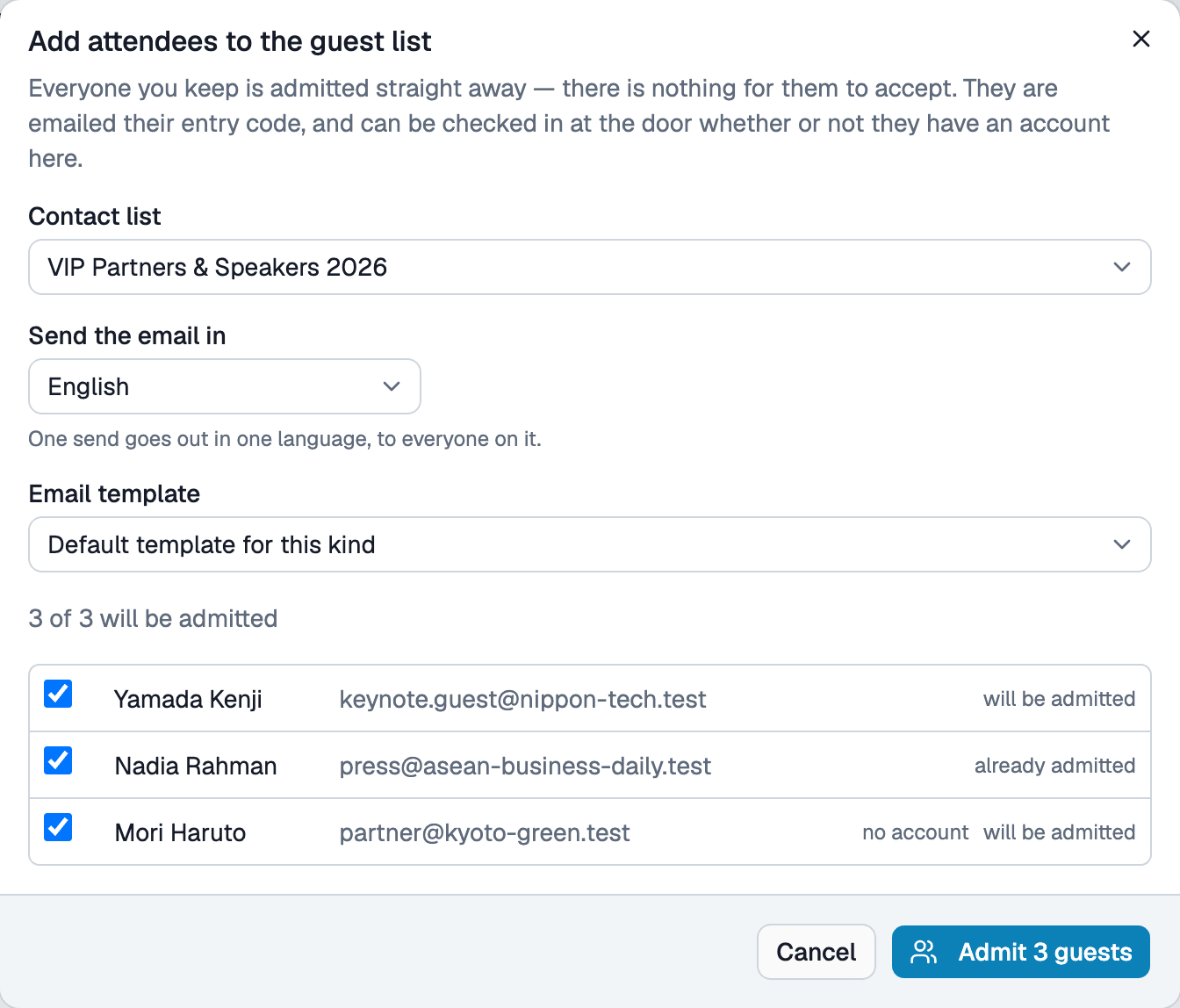 Add attendees to the guest list dialog