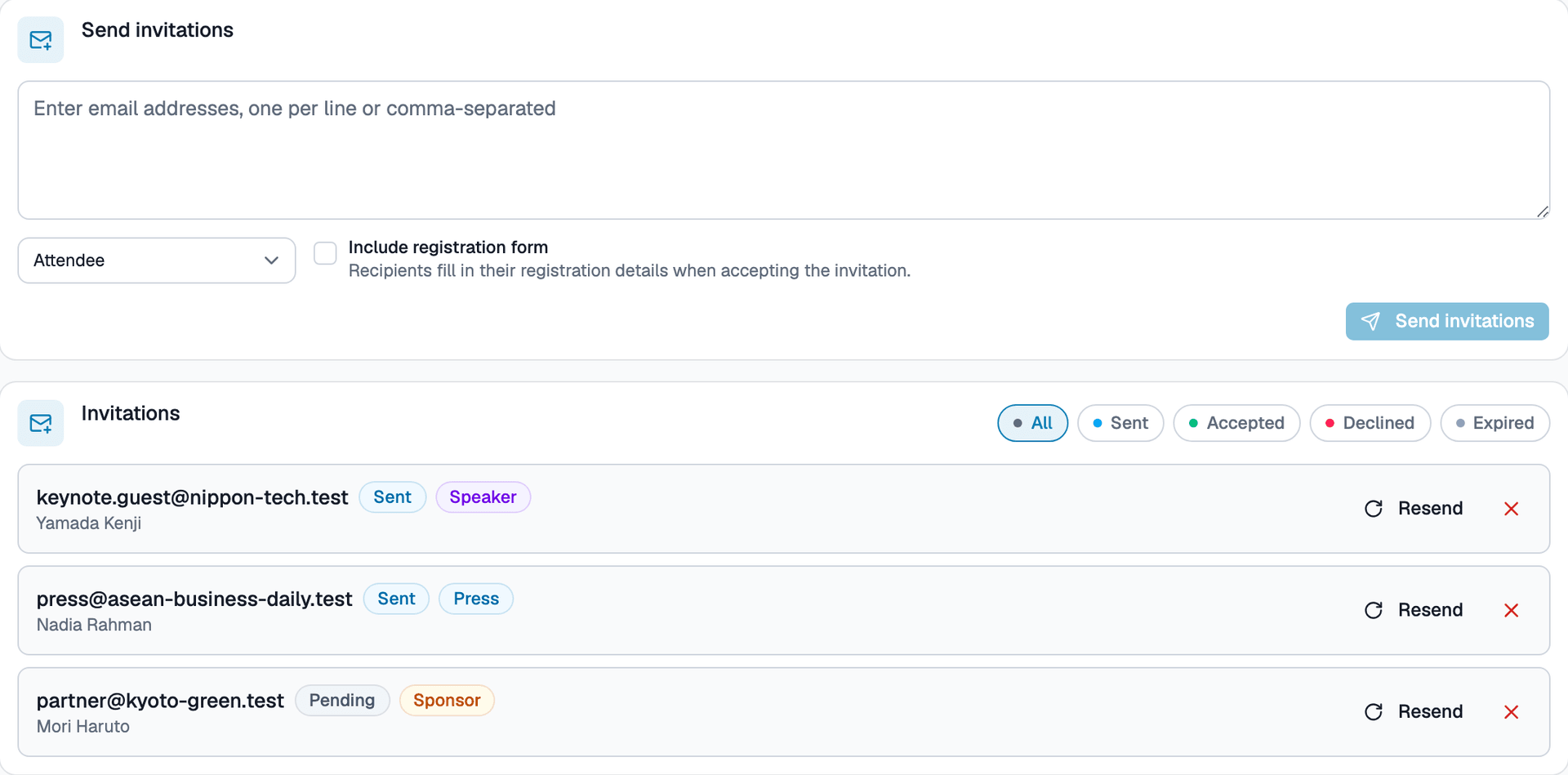 Send invitations & status list screen