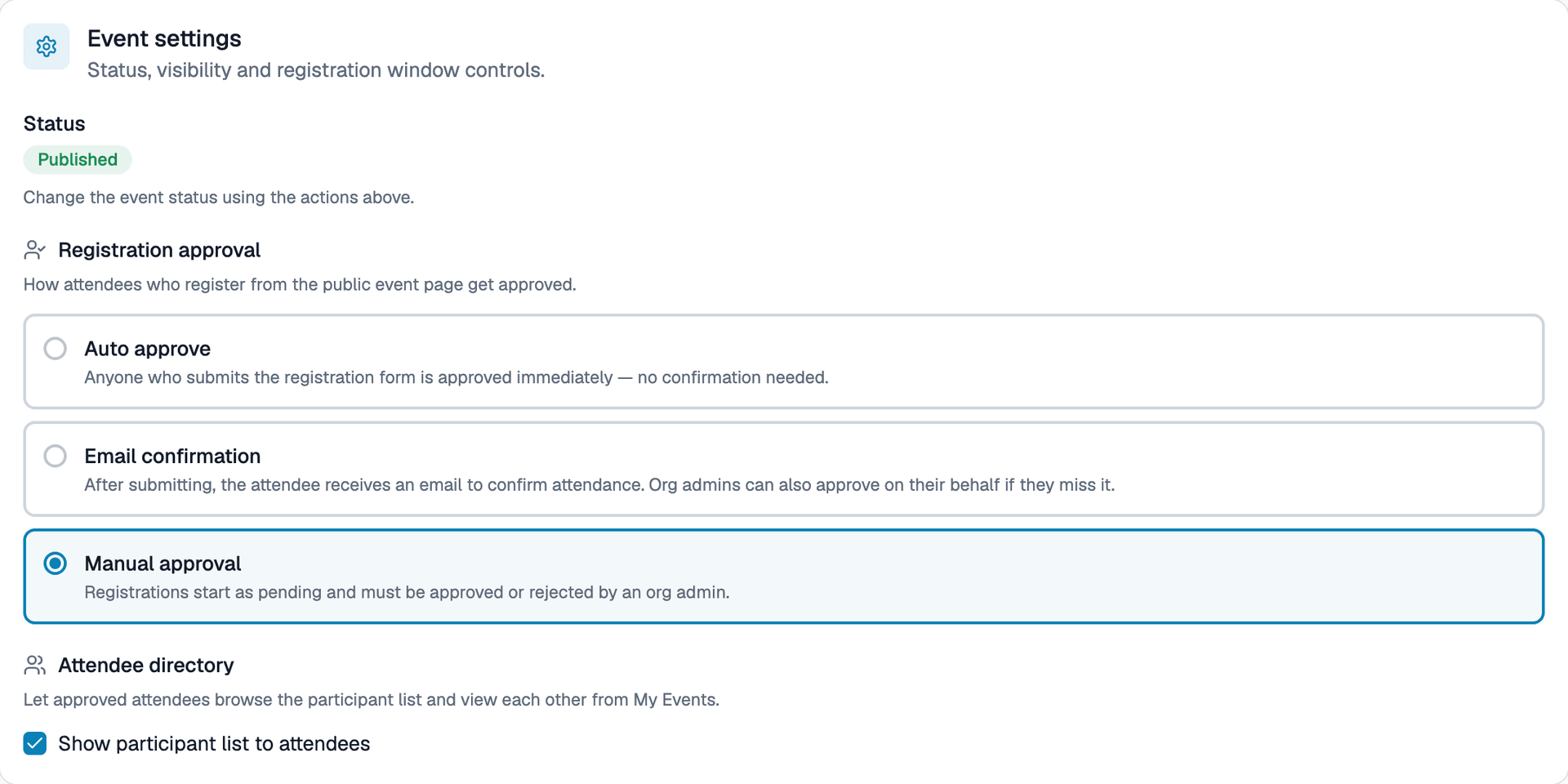 Event settings management interface