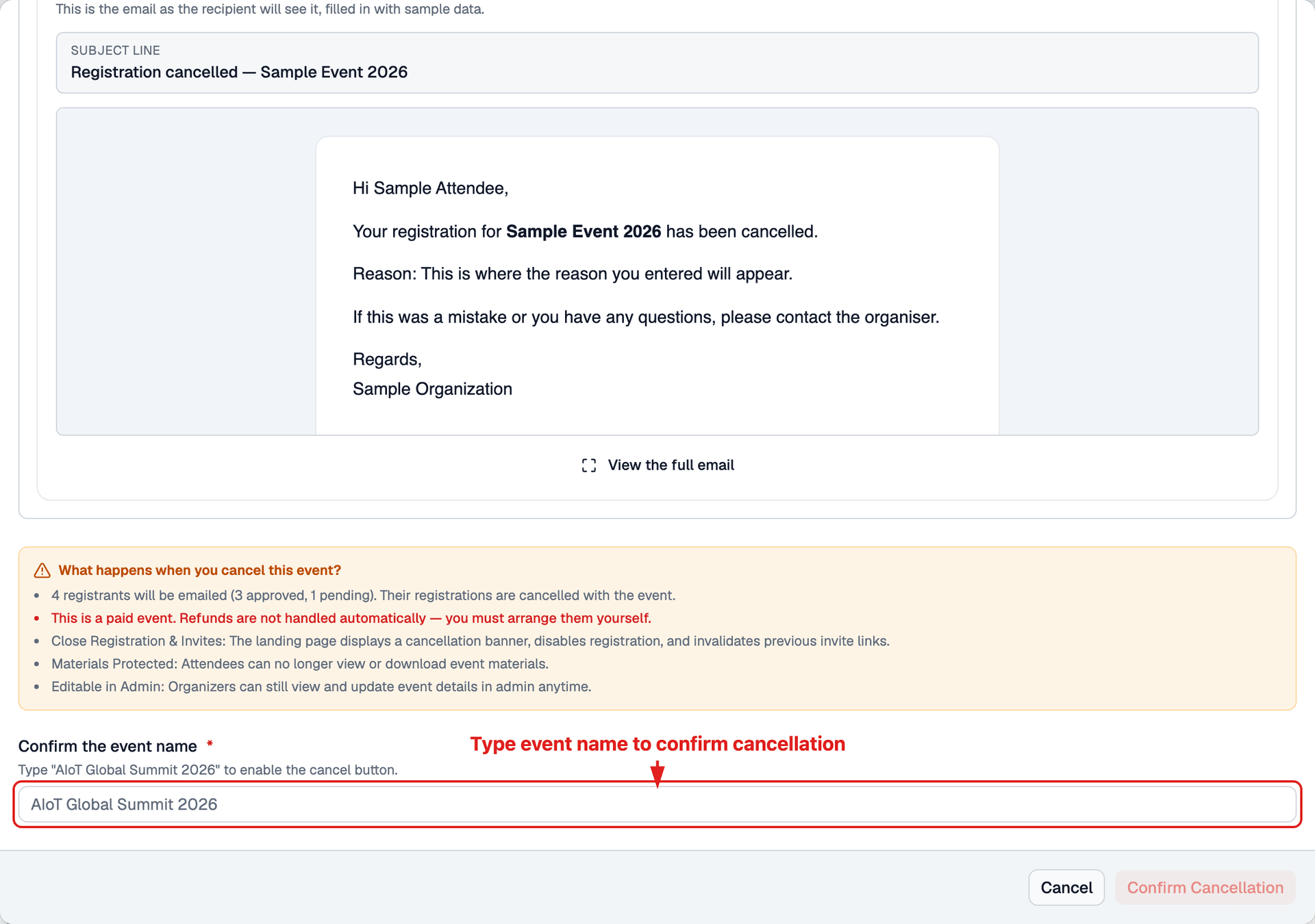 Cancel event dialog - Bottom section (Name confirmation & Footer buttons)