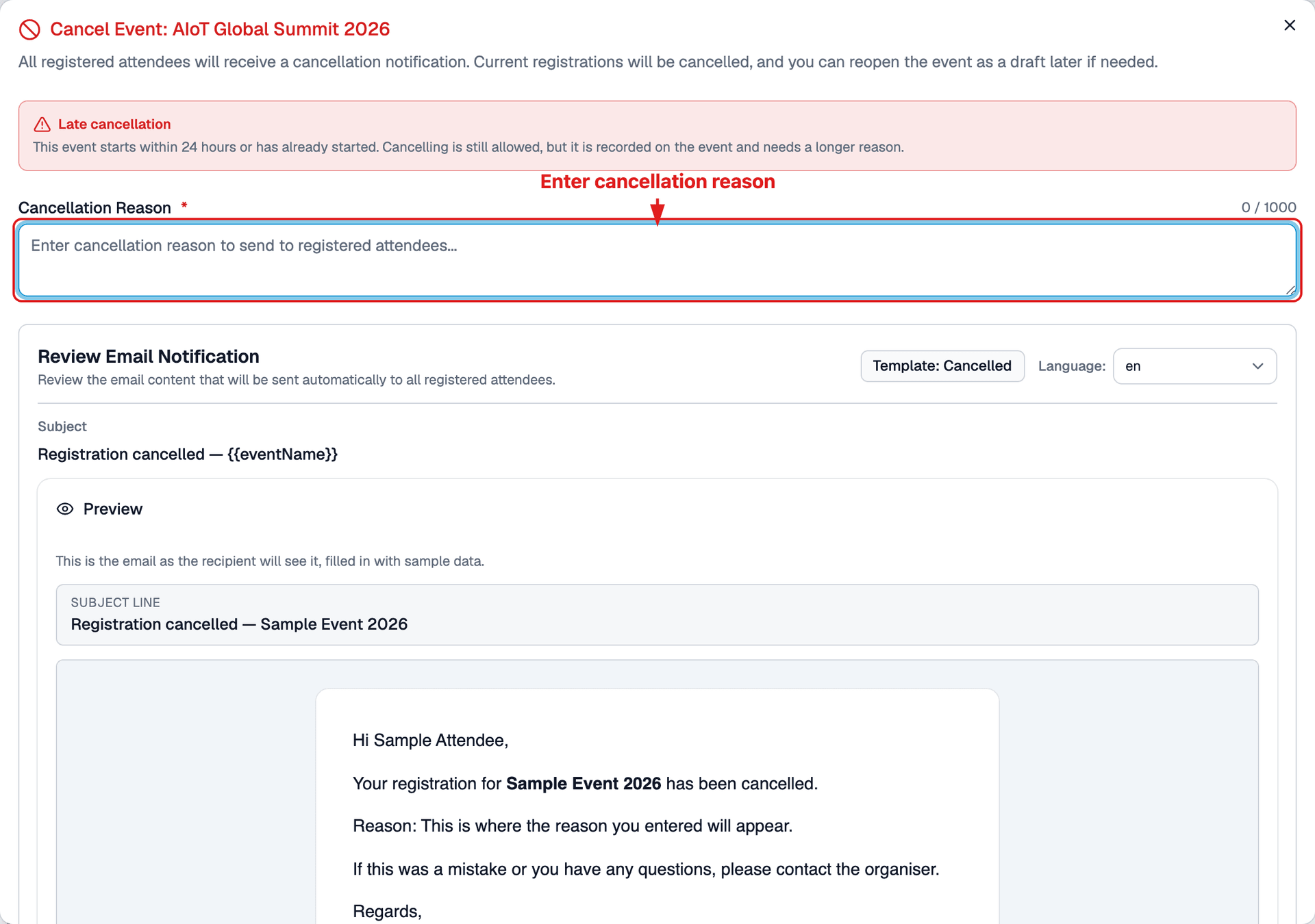 Cancel event dialog - Top section (Reason & Email template)