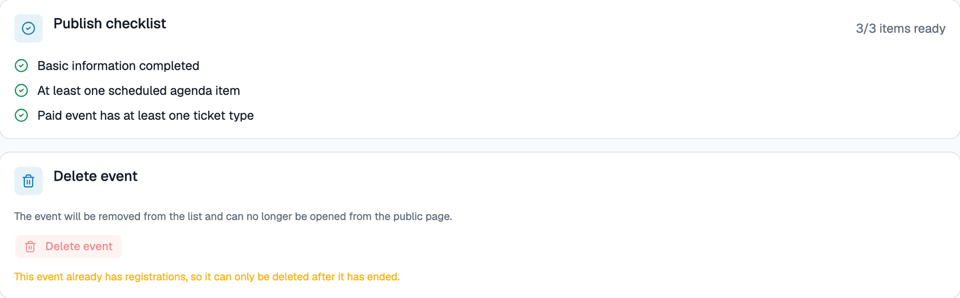 Publish checklist & event deletion box screen