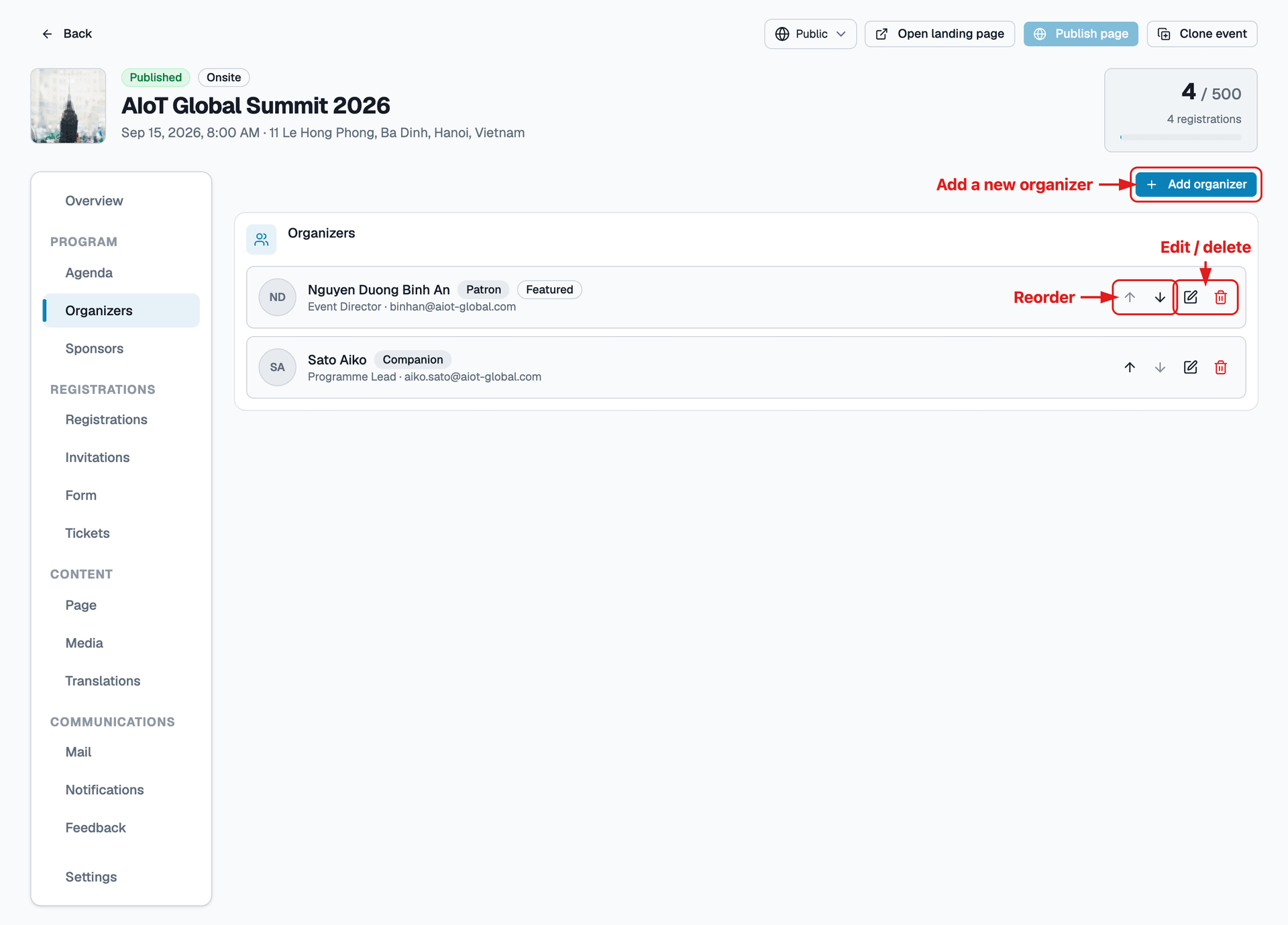 Organizers & speakers management screen