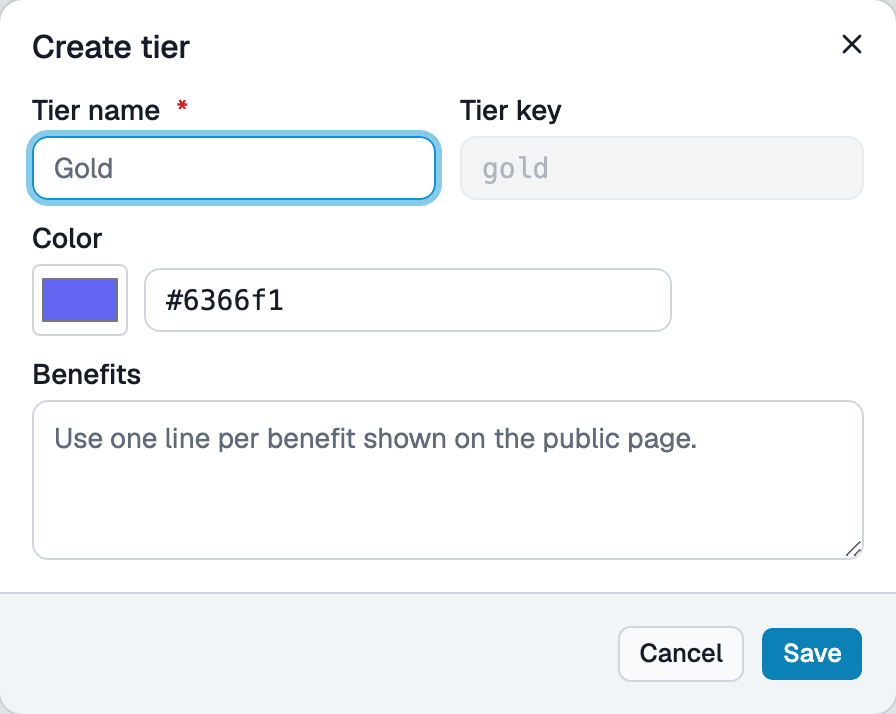 Create sponsorship tier popup form