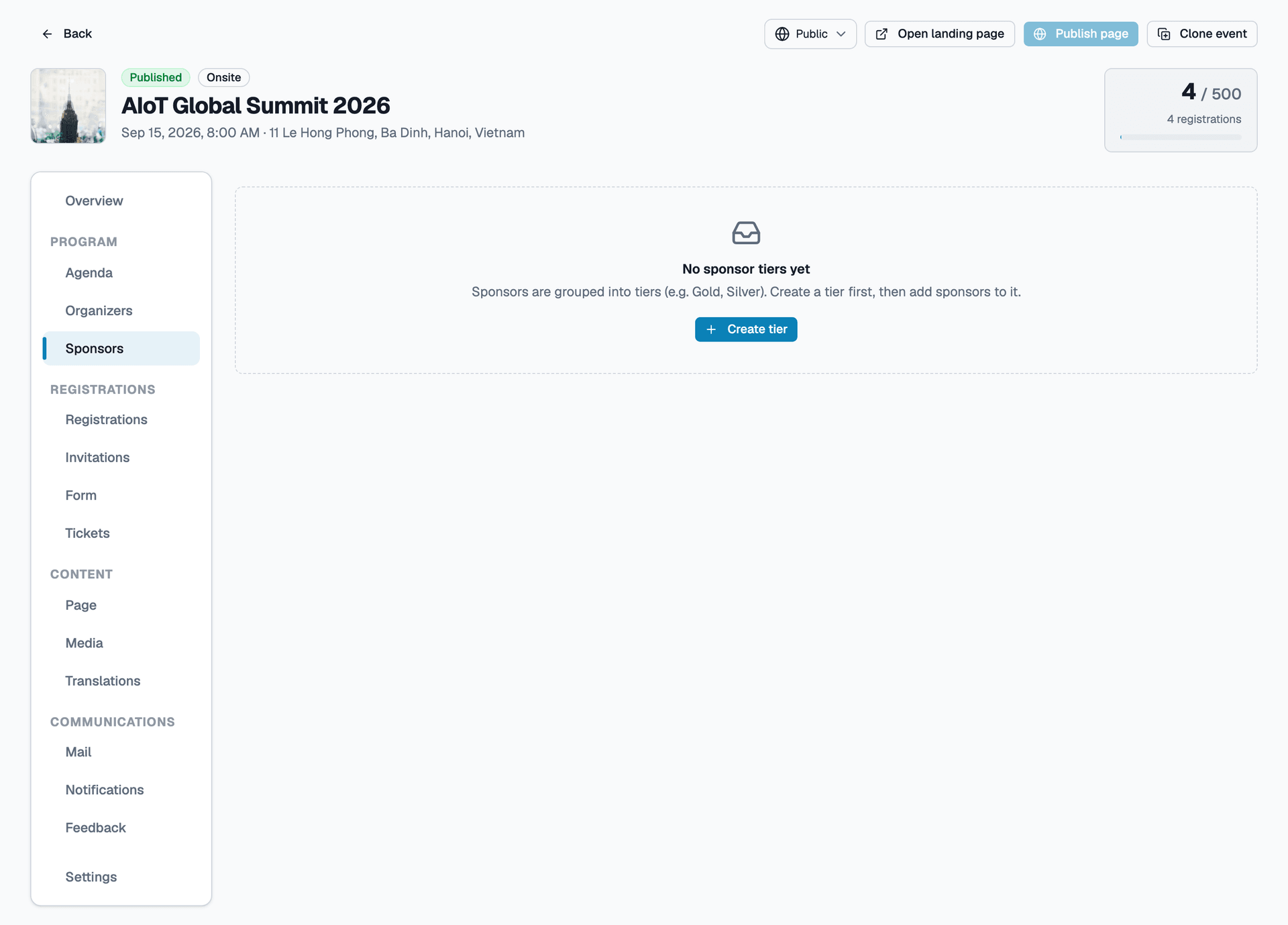 Sponsor screen empty state without tiers
