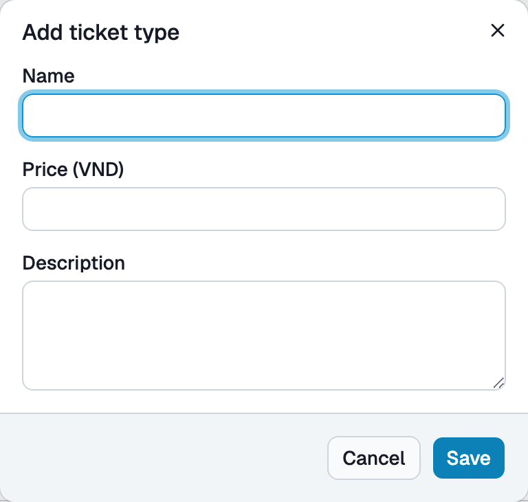 Add ticket tier dialog with name, price and description fields