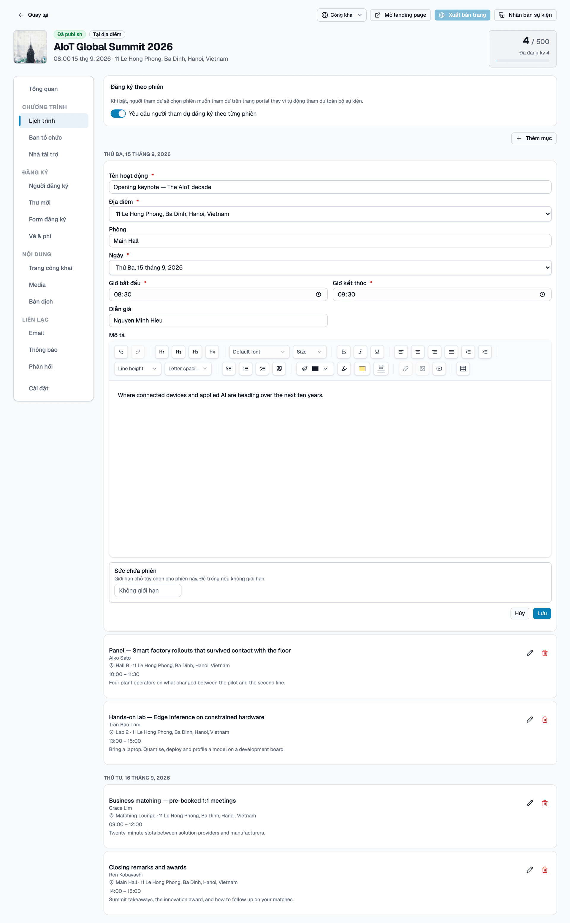 Form Chỉnh sửa mục lịch trình