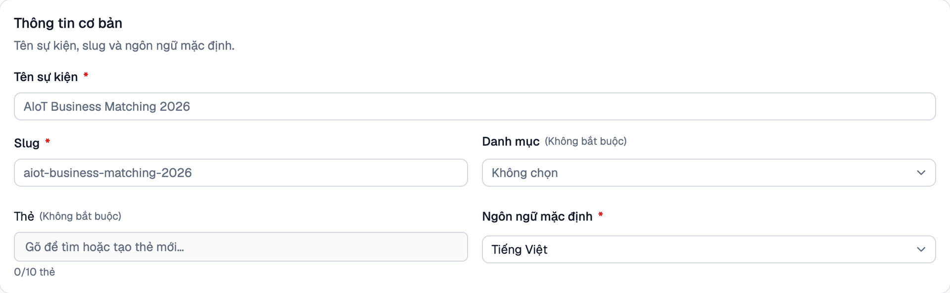 Form nhập thông tin cơ bản sự kiện