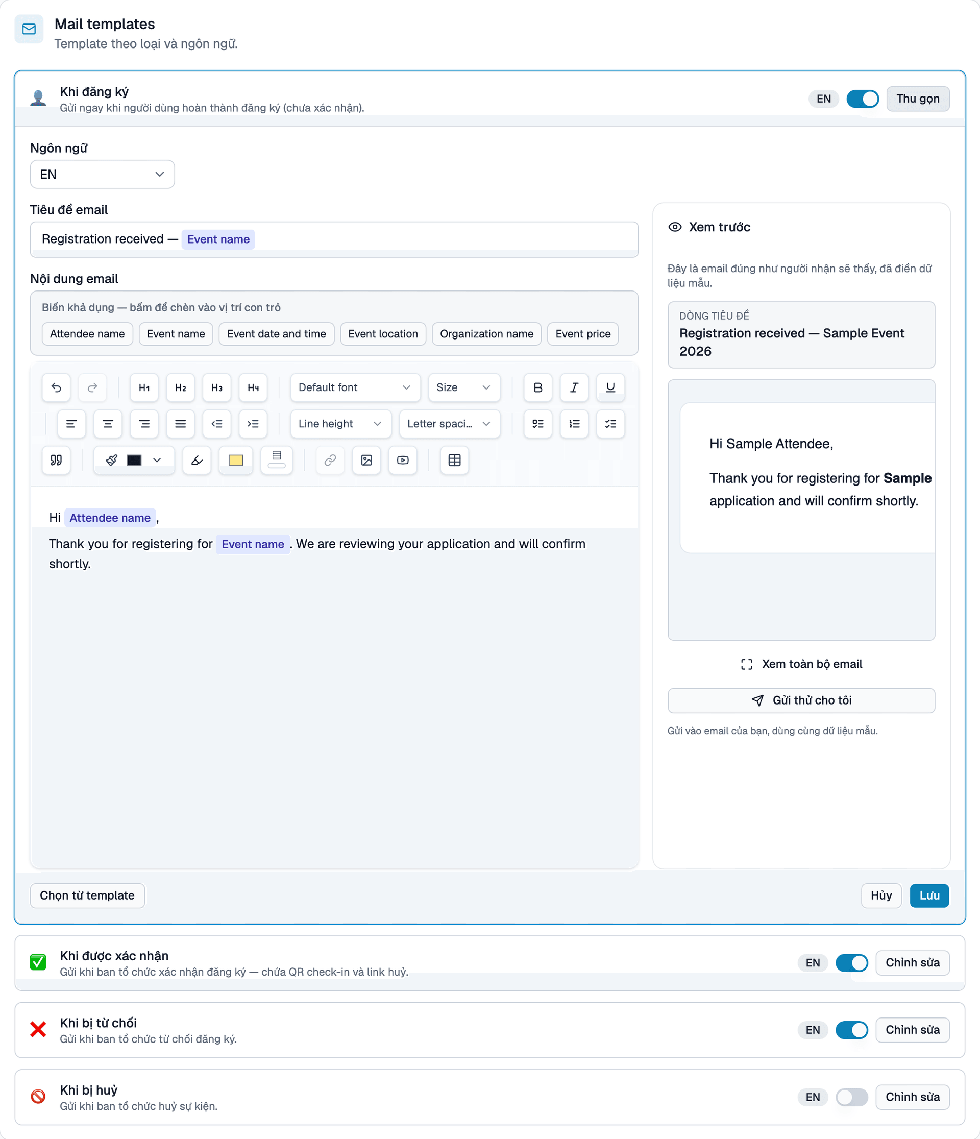 Giao diện Chỉnh sửa mẫu Email