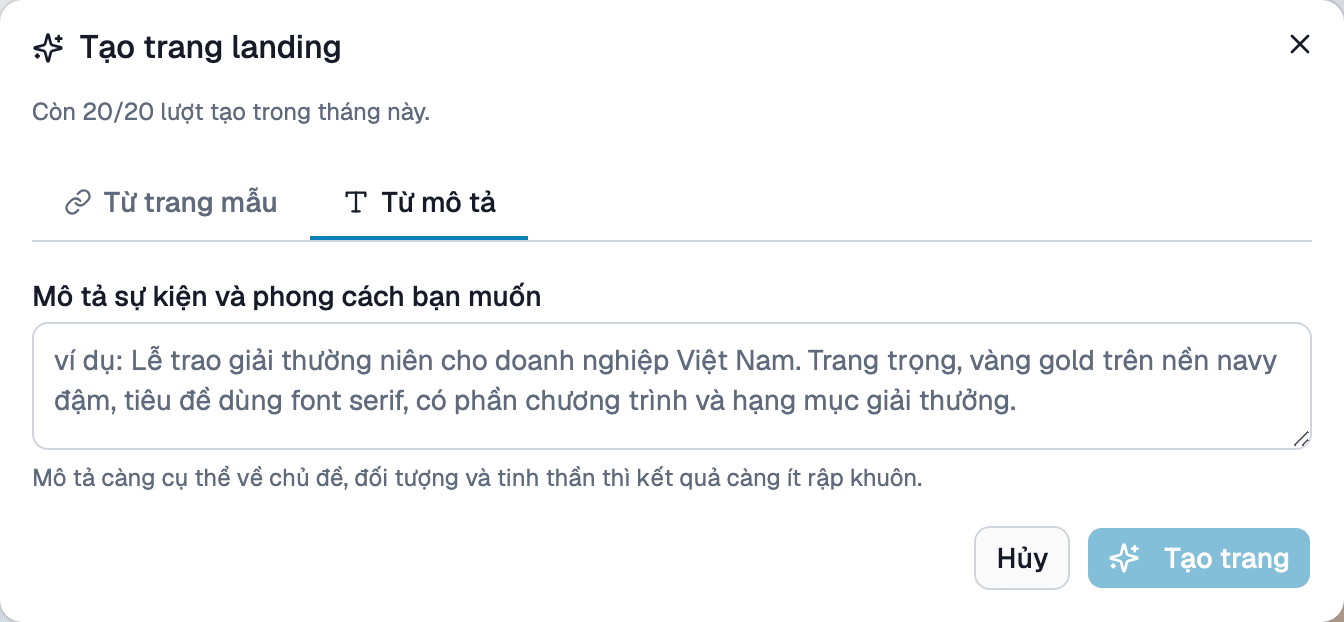 Hộp thoại tạo trang landing bằng AI - Tab từ mô tả