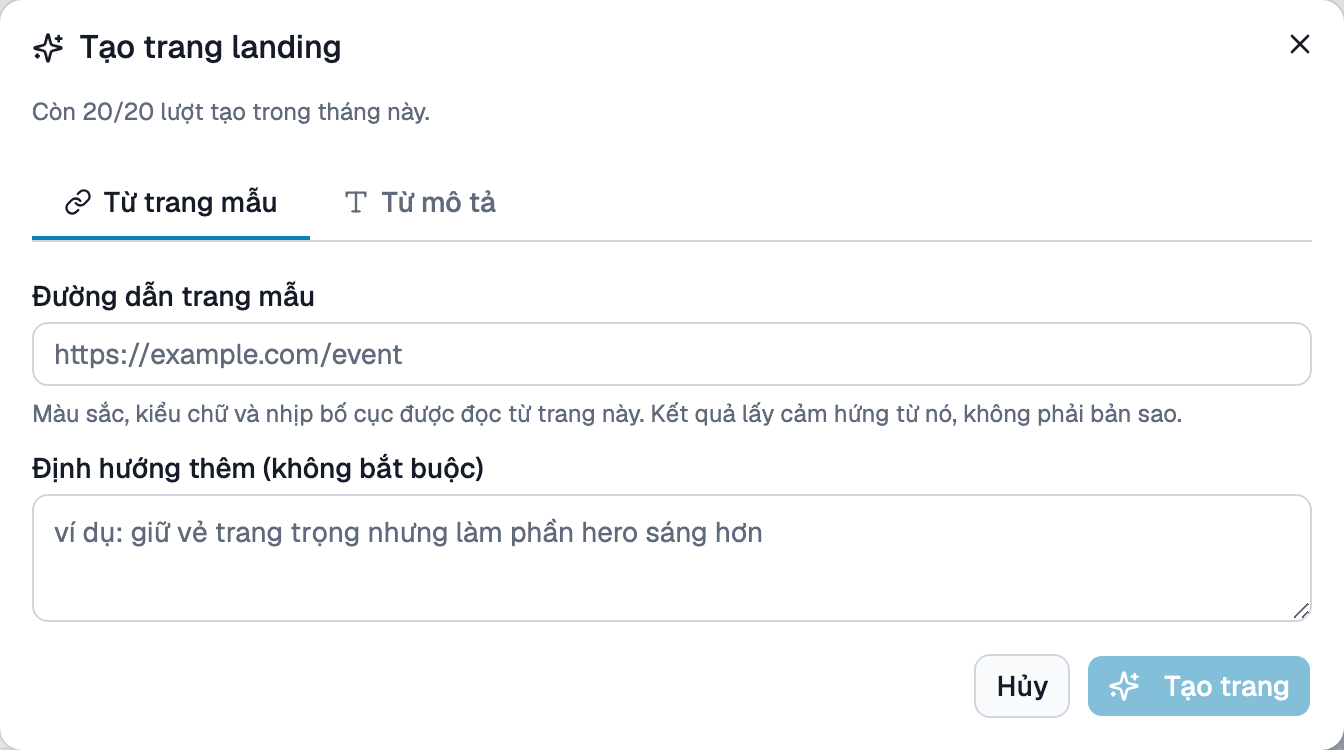 Hộp thoại tạo trang landing bằng AI - Tab từ trang mẫu