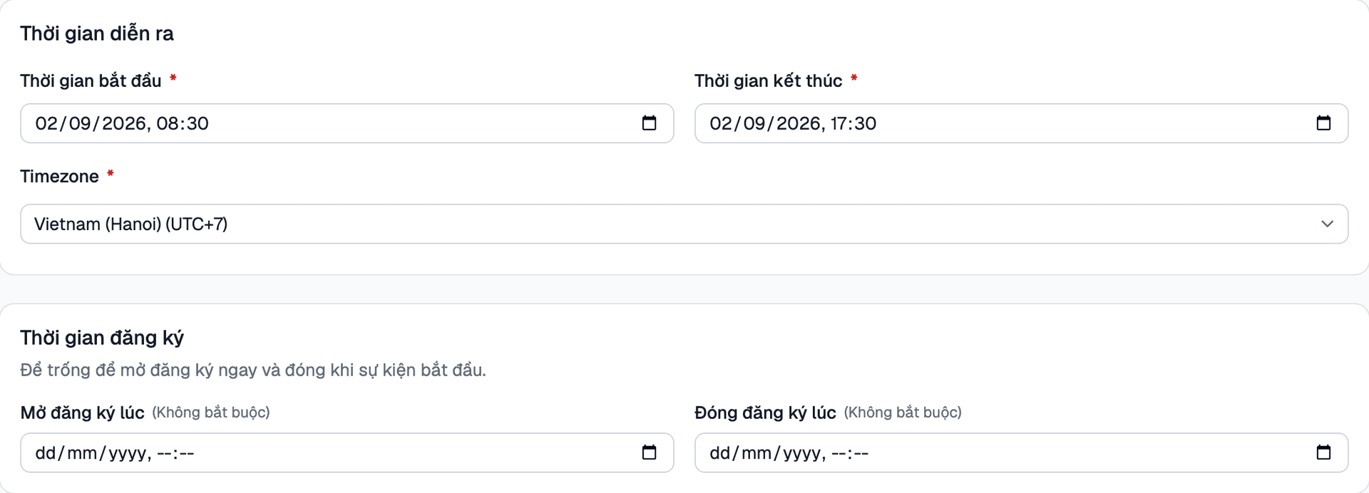Thiết lập thời gian diễn ra và thời gian đăng ký