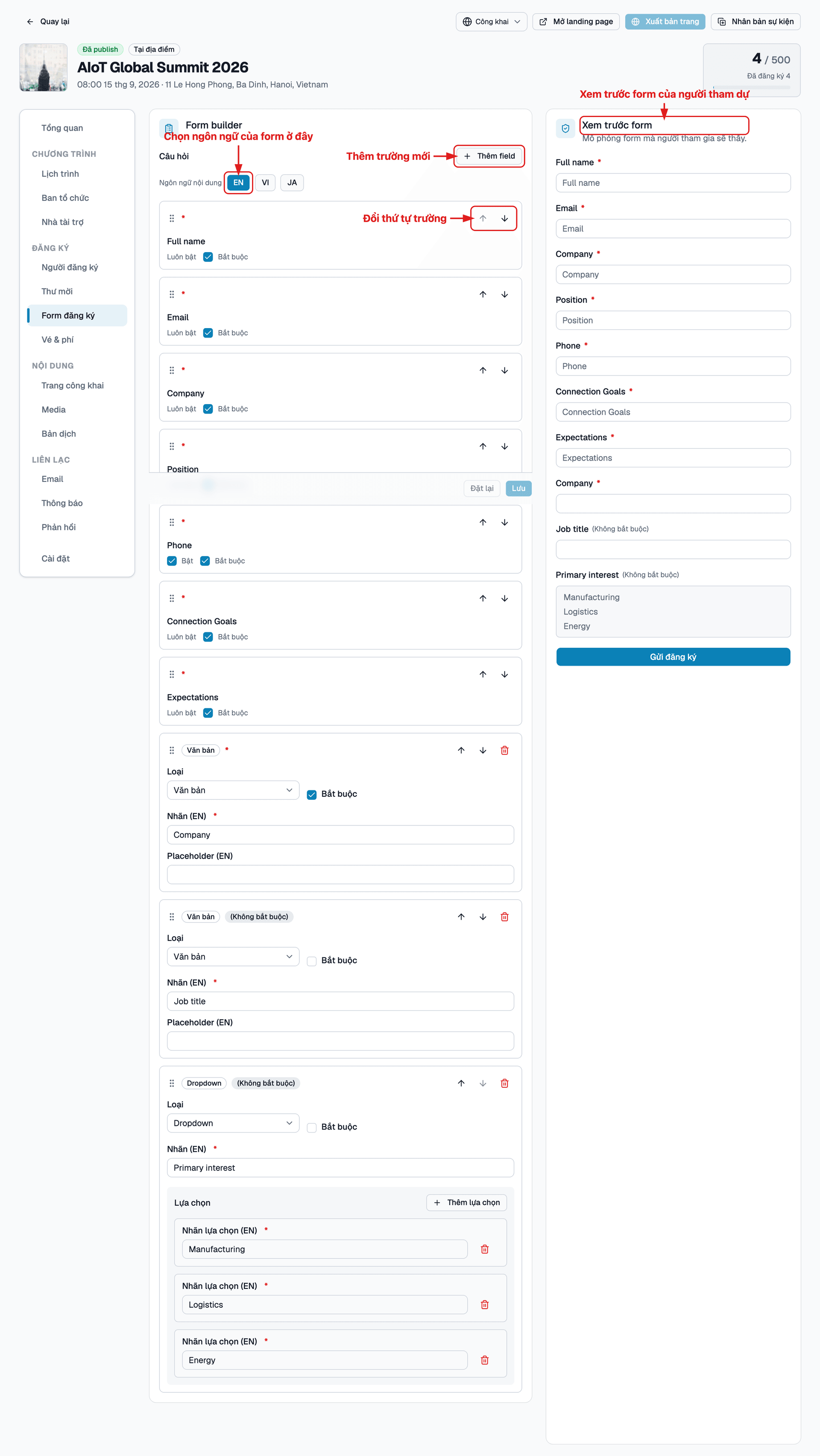 Giao diện Form builder và Xem trước form đăng ký