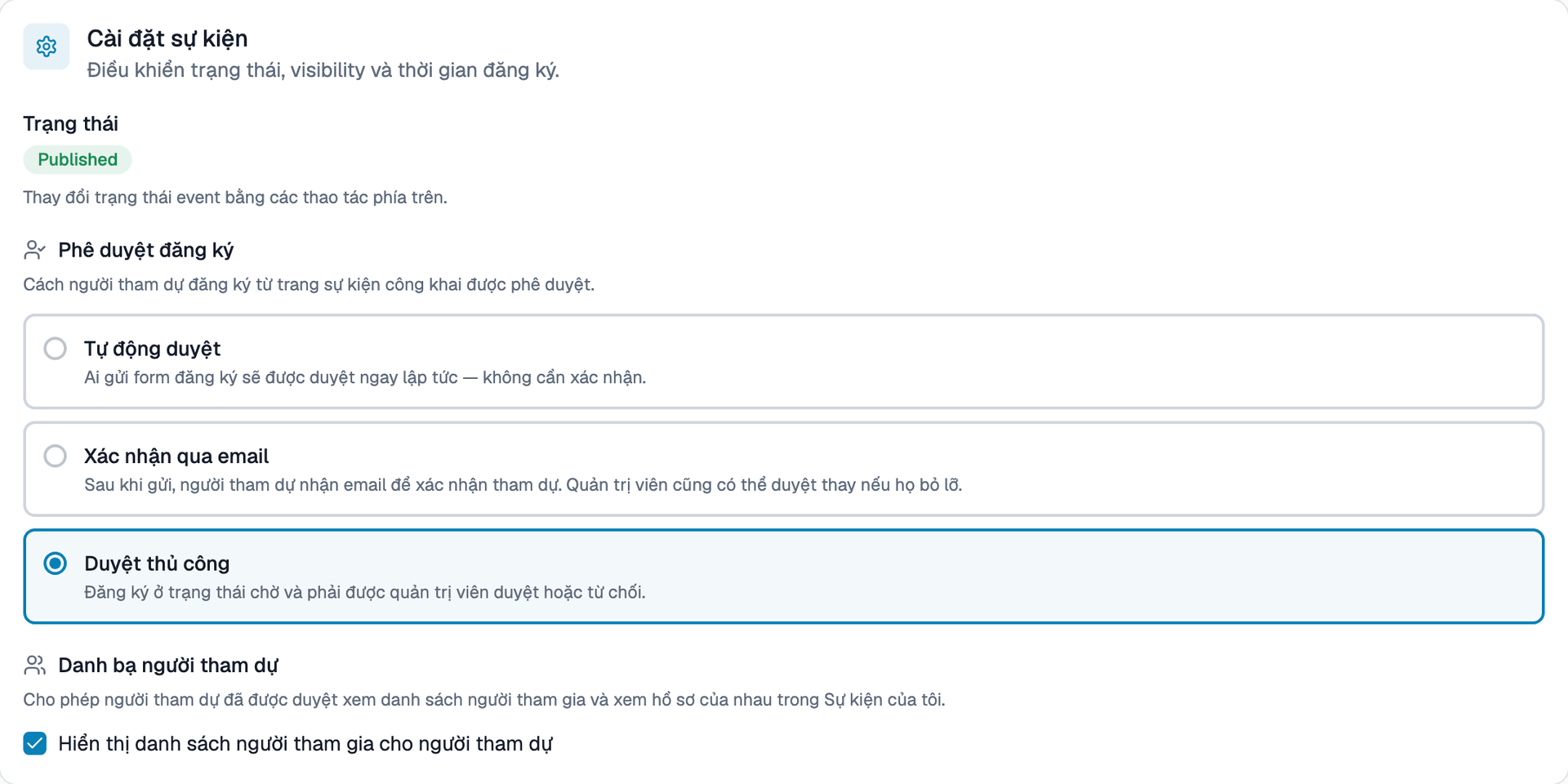 Giao diện Cài đặt sự kiện
