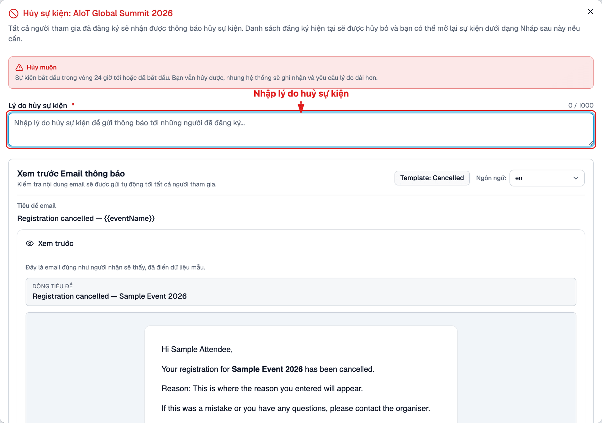 Hộp thoại huỷ sự kiện - Phần trên (Lý do huỷ & Mẫu email)