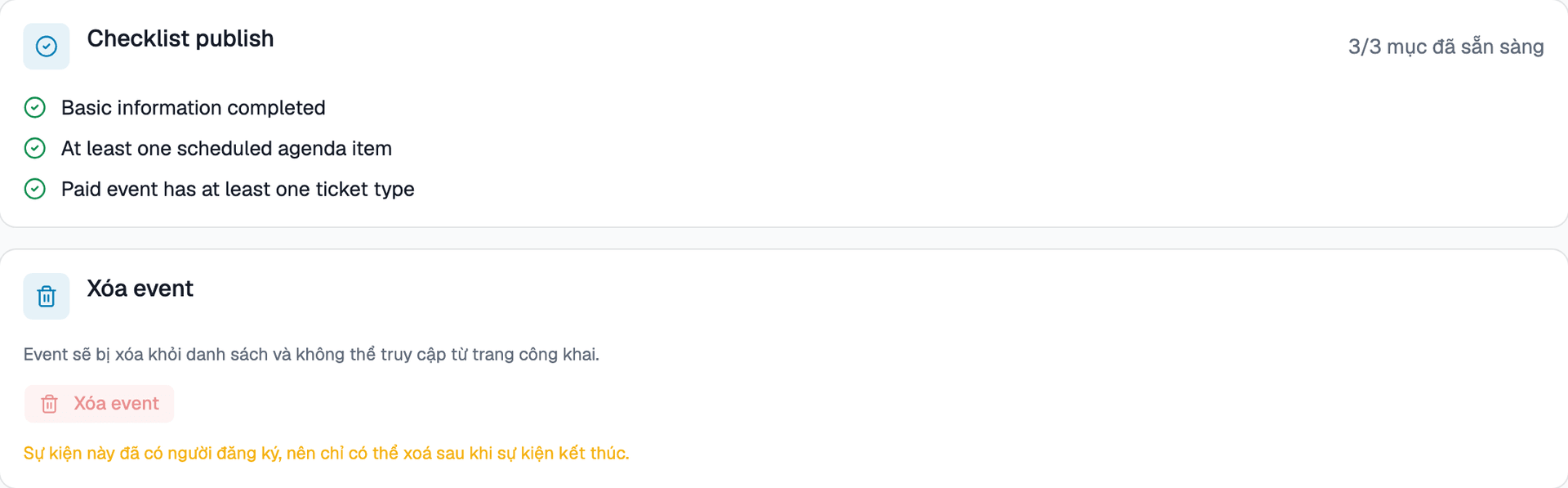 Giao diện Checklist publish và khung Xóa event