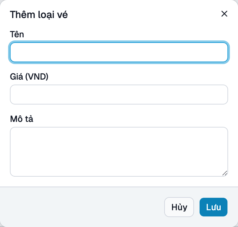 Hộp thoại thêm hạng vé với các ô Tên, Giá và Mô tả